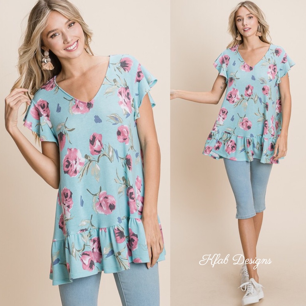 LAST 1! V Neck French Terry Ruffle Floral Top - Picture 2 of 8